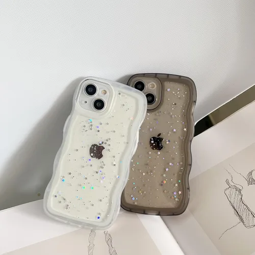 Vista 5 de Qokey para iPhone 14 Plus Funda de 6.7" con diseño de borde ondulado rizado, transparente, con purpurina, brillo, estrellas, brillante, lindo