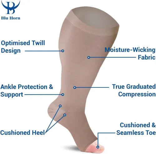 Vista 2 de Medias de compresión hasta la rodilla con punta abierta, 20-30 mmHg, uso diario (2XL, beige)