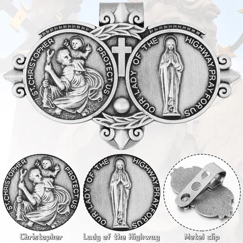 Vista 2 de Pinza para visera católica de San Cristóbal para automóvil, clip plateado para visera de conductor, clips de San Cristóbal para decoración