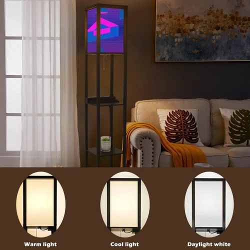 Vista 3 de Retro futurismo sin costuras elementos geométricos estilo memphis 80s Synthwave lámpara de pie con estantes, puertos USB y toma de corriente