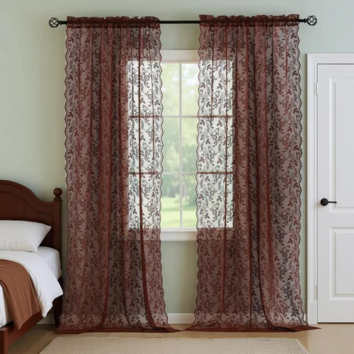 Vista 15 de FINECITY 2 paneles de cortinas de encaje beige de 36 pulgadas de largo con hojas florales rústicas, cortinas cortas y transparentes para ventana