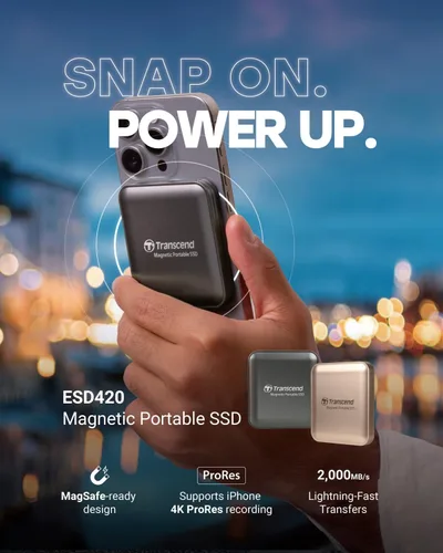 Vista 2 de Transcend ESD420 SSD externo magnético de 1 TB, hasta 2000 MB/s, compatible con Apple 4K ProRes HDR Record, MagSafe