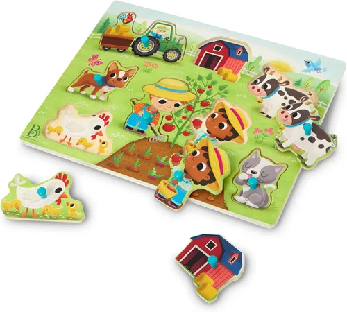 Vista 14 de B. toys Peek & Explore Puzzle 4 – Pack – Juguetes de madera para niños pequeños – 8 piezas cada uno – Vehículos, camiones, animales, corral – 2+ años