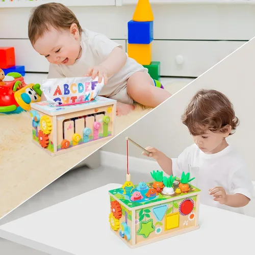 Vista 2 de Ancaixin Cubo de Actividad de 6 en 1 de Caja de Tejidos Montessori para Bebés de 6+ Meses, Cubo de Actividad de Madera, Rompecabezas para 12-18