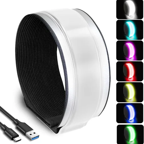 RGB 7 Colors Switchable LED Armband, USB-C Rechargeable, 360° Reflective Running Light for Runners, High Visibility Reflective Running Gear for