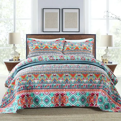 Vista 18 de NEWLAKE - Juego de edredón de algodón, juego de cubrecama reversible con diseño de mosaico, patrón bohemio a rayas, tamaño queen