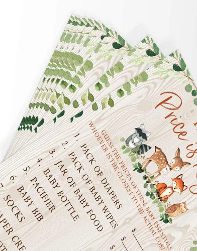 Vista 5 de Printed Party Juego de baby shower, The Price is Right, animales del bosque, 50 cartas