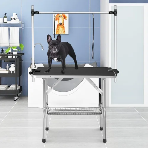 Vista 10 de Mesa plegable para aseo de mascotas SoarFlash para perros, mesa plegable de aseo para mascotas de servicio pesado con brazo y soga y bandeja