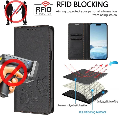 Vista 4 de Wallet Case for Motorola Moto E22 2022 PU Leather & TPU Magnetic Flip Cover with RFID Blocking, 2 Card Slots & Cash Pocket, Shockproof Bumper, Black