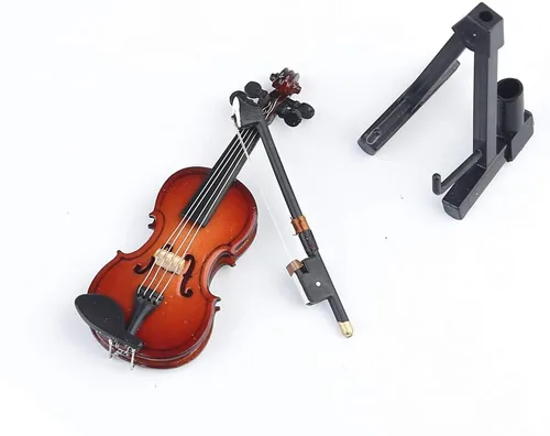 Vista 6 de Violín miniatura de madera con soporte, arco y estuche, mini violín, réplica de instrumentos musicales, colección de figuras coleccionables, adorno