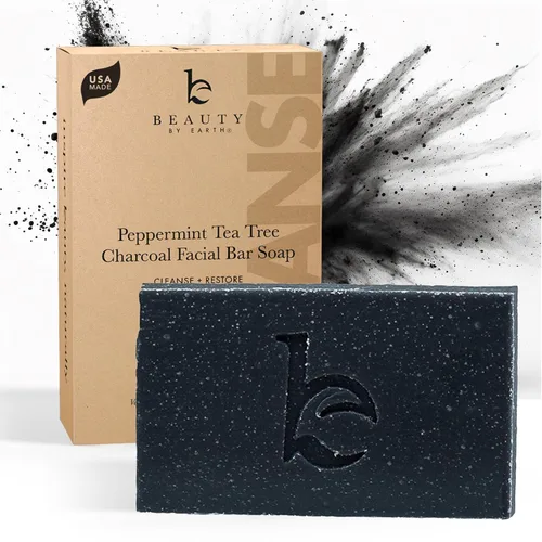 Jabón facial de carbón con árbol de té de menta, fabricado en Estados Unidos con ingredientes naturales y orgánicos, barra de jabón negro para acné,