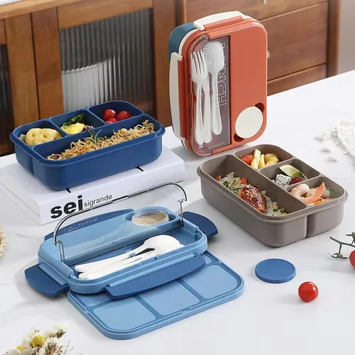 Vista 5 de Bento Box - Lonchera para adultos, recipientes de 44 onzas con 4 compartimentos, contenedor de alimentos con utensilios, tarro de salsa, apto