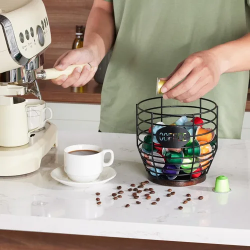 Vista 5 de Yangbaga 1 soporte para cápsulas de café, soporte para cápsulas de café de gran capacidad con base de madera, decoración moderna de barra de cesta
