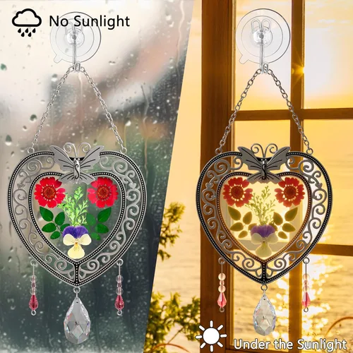 Vista 7 de KY&BOSAM Atrapasoles de cristal con forma de corazón, árbol de la vida, paneles de vitrales, colgantes de flores reales para ventanas, hogar