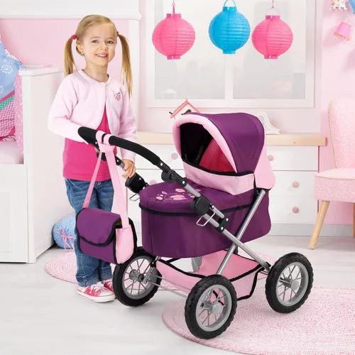 Vista 2 de Bayer: Cochecito de moda - morado y rosa - Incluye bolsa de hombro, se adapta a muñecas de hasta 18 pulgadas, mango ajustable, juego de simulación