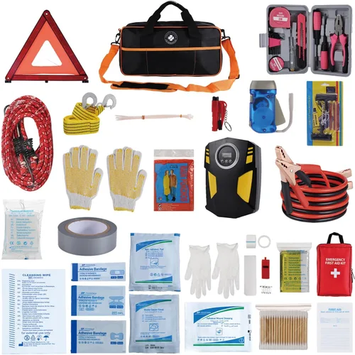 Vista 5 de Kit de emergencia todo en uno para automóvil con inflador digital de neumáticos, cables de puente, correa de remolque, triángulo reflectante, kit