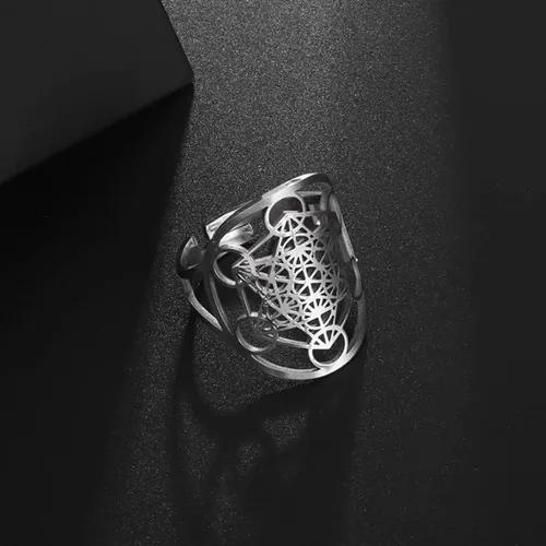 Vista 3 de Metatron - Anillo de cubo con sello de ángel, arcángel, metatrón, cubo, declaración de protección, ahuecado, para mujer, de acero inoxidable, anillo