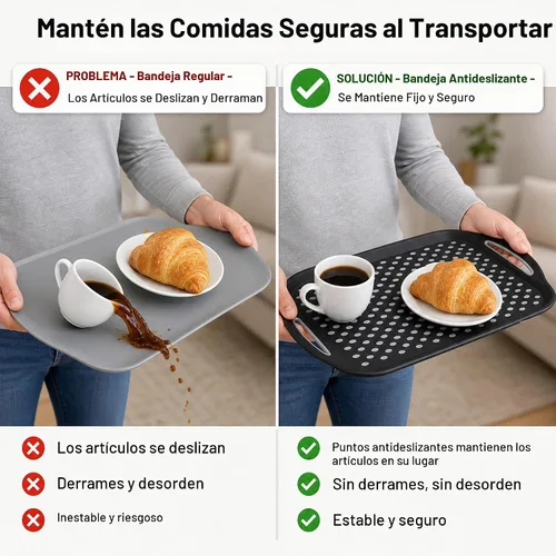 Vista 6 de Bandeja grande antideslizante con asas, bandejas de comida para regazo con puntos de agarre de silicona para comer, aptas para lavavajillas