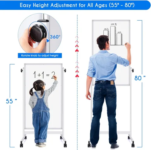 Vista 2 de maxtek Pizarra blanca rodante, 48 x 24 pulgadas de altura ajustable sobre ruedas, gran tablero de caballete móvil magnético de pie, doble cara