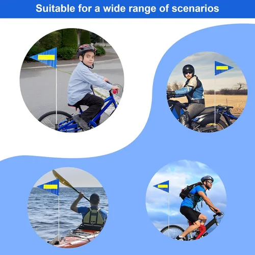 Vista 5 de Bandera de seguridad para bicicleta con poste, 2 juegos, 6 pies, altura ajustable, fibra de vidrio, resistente al desgarro, impermeable, bandera