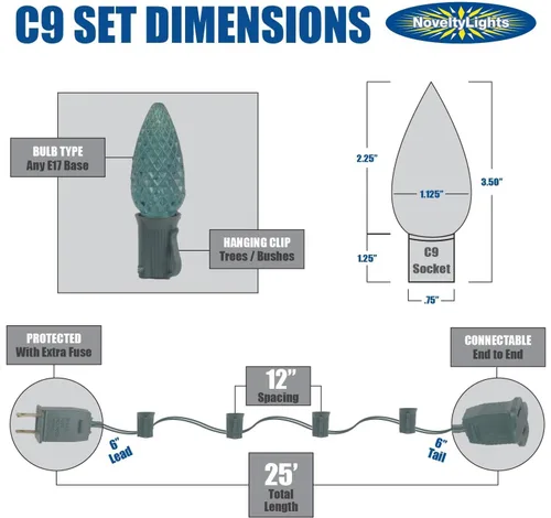 Vista 5 de Juego de luces de Navidad C9 de cerámica amarilla de 25 pies para exterior - Bombillas opacas - Cadena de luz para el tejado - Cable verde