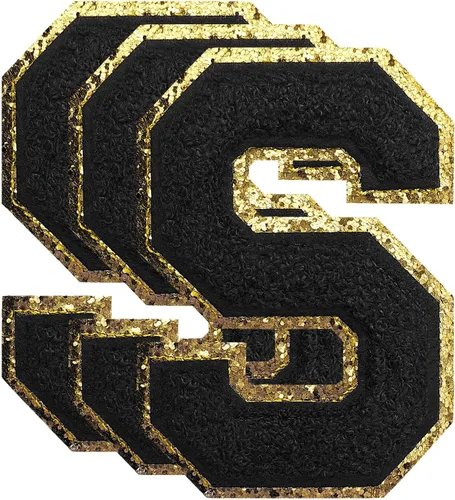 3 parches de letras de felpilla negra, parches de letras termo-adhesivas de 4-1/2", parches universitarios para ropa, S