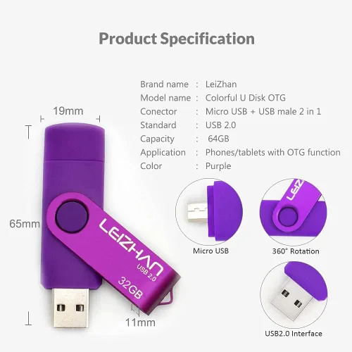 Vista 4 de Leizhan 32 GB OTG USB Flash Drive 64 gb128gb Pendrive de metal para teléfono inteligente Android Micro USB Pen Drive USB 2.0 para Samsung, Huawei