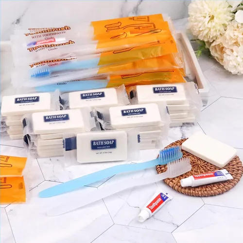 Vista 6 de Paquete de 30 cepillos de dientes desechables con pasta de dientes y jabón envueltos individualmente, 2 colores, barra de jabón de 0.5 onzas