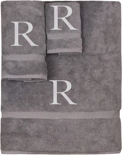Vista 101 de Juego de toallas con monograma, regalo personalizado, juego de 3 - Letra de bloque dorada bordada en toalla - Extra absorbente 100% algodón turco