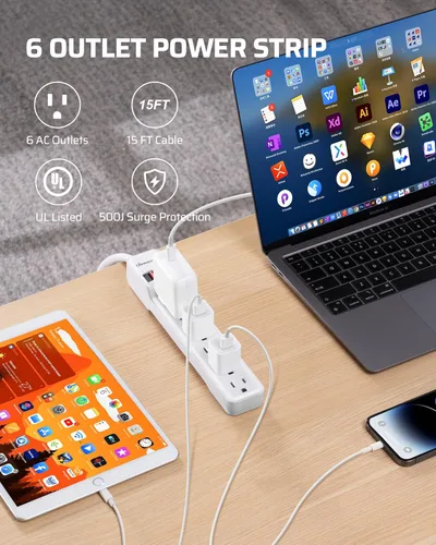 Vista 2 de DEWENWILS Regleta protectora contra sobretensiones de 6 tomas, cable de extensión de 15 pies de largo, enchufe plano de perfil bajo, disyuntor de 15