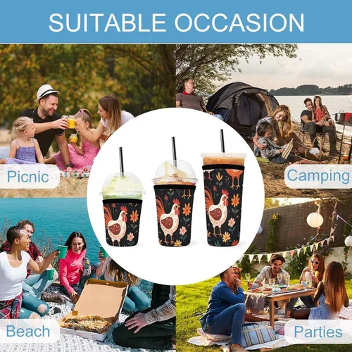 Vista 8 de Cute Rooster Chickens Reusable Insulated Neoprene Iced Coffee Cup Sleeves 3 Sizes Diving Material Cup Durable Beverage Covers for Cold Coffee Tea