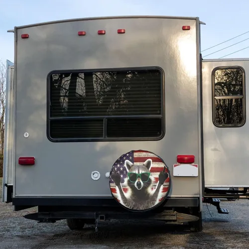 Vista 6 de Cubierta de neumático de repuesto de mapache con bandera estadounidense, a prueba de polvo, UV, cubierta de neumático para remolque, RV, SUV
