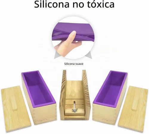 Vista 3 de Artcome Kit de moldes de corte para hacer jabón de pan, 2 moldes rectangulares de silicona de 42 onzas, 2 cajas de madera con tapa, herramienta