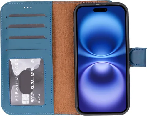 Vista 5 de Funda tipo cartera de piel prémium para iPhone 17, bloqueo RFID, diseño desmontable 2 en 1 con ranuras para tarjetas, funda de piel de vaca azul