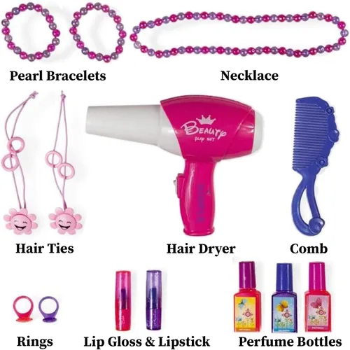 Vista 2 de Dimple Juego de tocador de princesa 2 en 1 con accesorios de maquillaje, sonidos de teclado de piano musical y luces intermitentes, secador de pelo