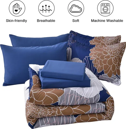 Vista 155 de Yiran - Juego de 7 piezas de edredón floral azul, juego de cama en una bolsa, tamaño Queen, juego de edredón de microfibra suave