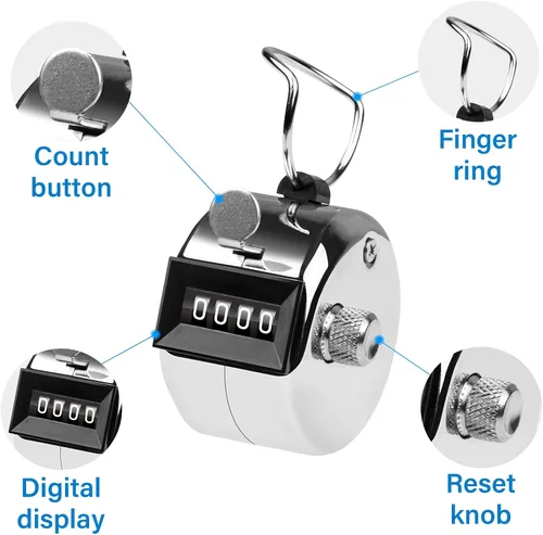 Vista 2 de Contador de 4 Dígitos, Clicker de Mano, Contadores de Metal con Clicker para Pitch, para Contar, Tejer, Entrenar, Golf, Vueltas, Pesca