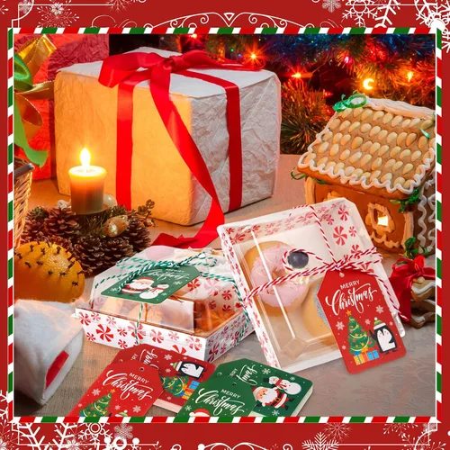 Vista 6 de Yaomiao 50 piezas de cajas de charcutería de Navidad con cuerdas y tarjetas, caja de comida de Navidad con tapas transparentes, contenedores