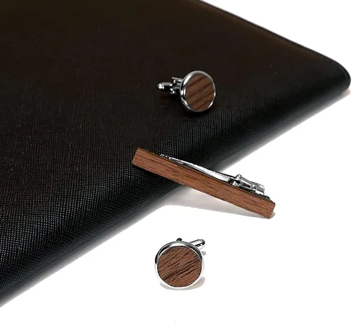 Vista 3 de Juego de pinzas de corbata de madera y gemelos para hombres, juegos de clips de corbata de 2 pulgadas para hombres con incrustaciones de madera