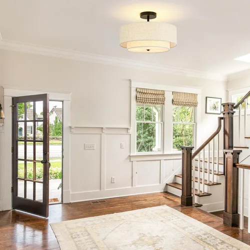 Vista 6 de Lámpara de techo semiempotrada de 16 pulgadas, lámpara de techo de 3 luces con pantalla de lino de tela de 2 niveles, lámpara de granja