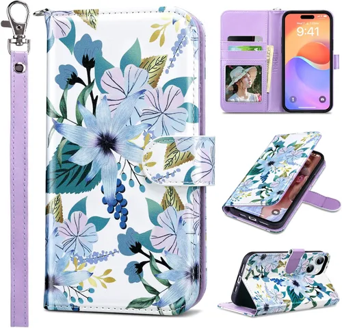 Vista 41 de ULAK Funda tipo billetera compatible con iPhone 15 para mujeres, funda tipo cartera con estampado floral de piel PU premium con porta tarjetas