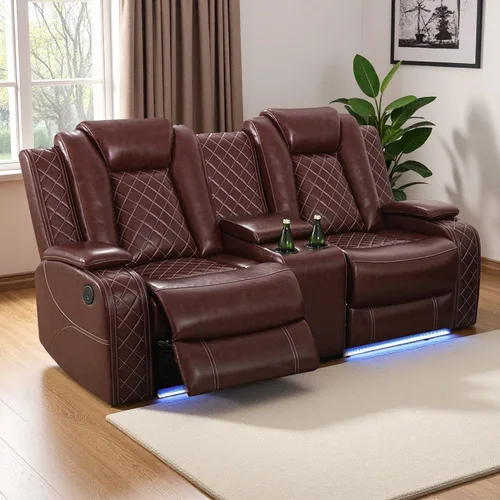 Vista 19 de Juego de sofá reclinable eléctrico de 2 piezas con luces LED, moderno sofá reclinable de cuero de aire y sofá biplaza con mesa auxiliar, muebles