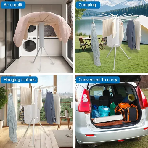 Vista 9 de RUMOSE Trípode de secado de ropa plegable y portátil, para ahorrar espacio, de aluminio, con 16 postes, plateado y blanco, para el suelo, plegable