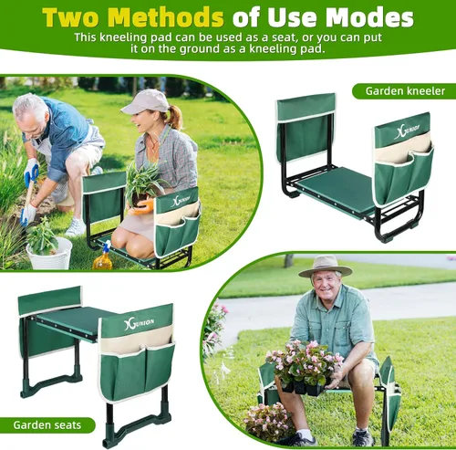 Vista 4 de Xgunion Taburete de jardín y asiento de jardín resistente con asas, banco de asiento viene con bolsa de herramientas y guantes, regalos