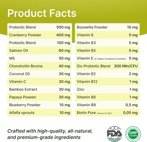 Vista 4 de Multivitamínico 23 en 1 para perros – Masticables suaves con glucosamina, condroitina, MSM, probióticos, arándano, biotina, zinc, aceite de salmón