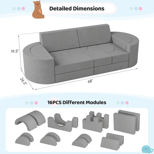Vista 2 de Sofá modular extragrande de 68 pulgadas para niños, sofá de espuma para niños, 16 almohadas fuertes para niños, decoración de sala