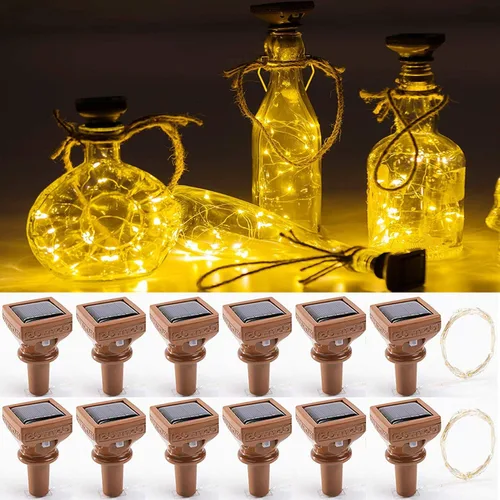 Vista 12 de YJFWAL Paquete de 12 luces solares mejoradas para botellas de vino, 20 luces LED impermeables de cobre, luces de cadena de corcho para decoración