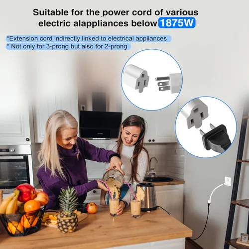 Vista 5 de VSEER Cable de extensión resistente de 1 pie 1875 W 15 A protector de salida de 3 clavijas 14 AWG Cable de extensión de alimentación corto, blanco