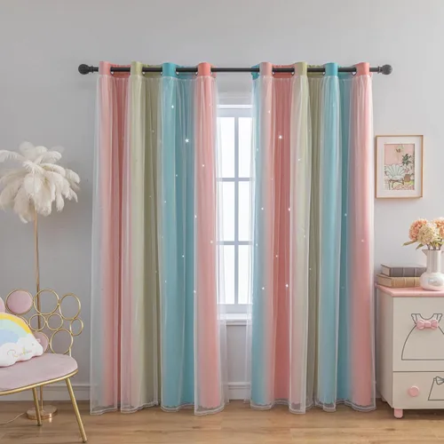 Cortinas opacas de doble cara de color rosa degradado para dormitorio de niños y niñas, cortinas opacas de doble capa con recorte de estrellas, a
