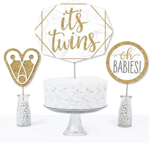 Vista 3 de Big Dot of Happiness It's Twins - Juego de 15 palos de centro de mesa para baby shower Gold Twins